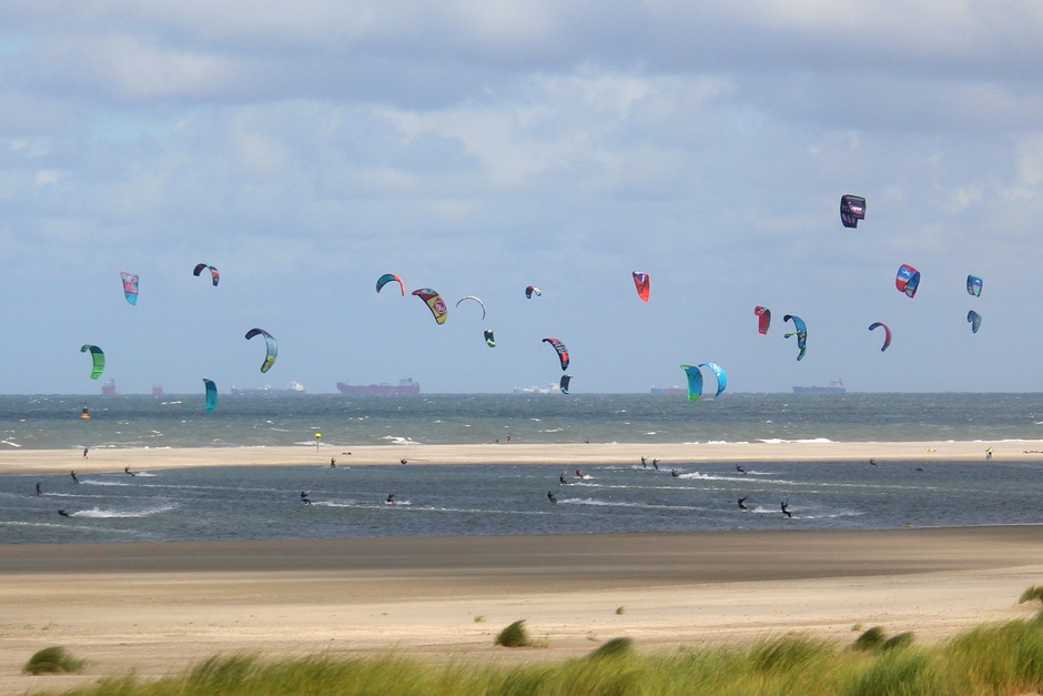 Tientallen kitesurfers, strandwandeling met honden, vol strandterras, close up r
