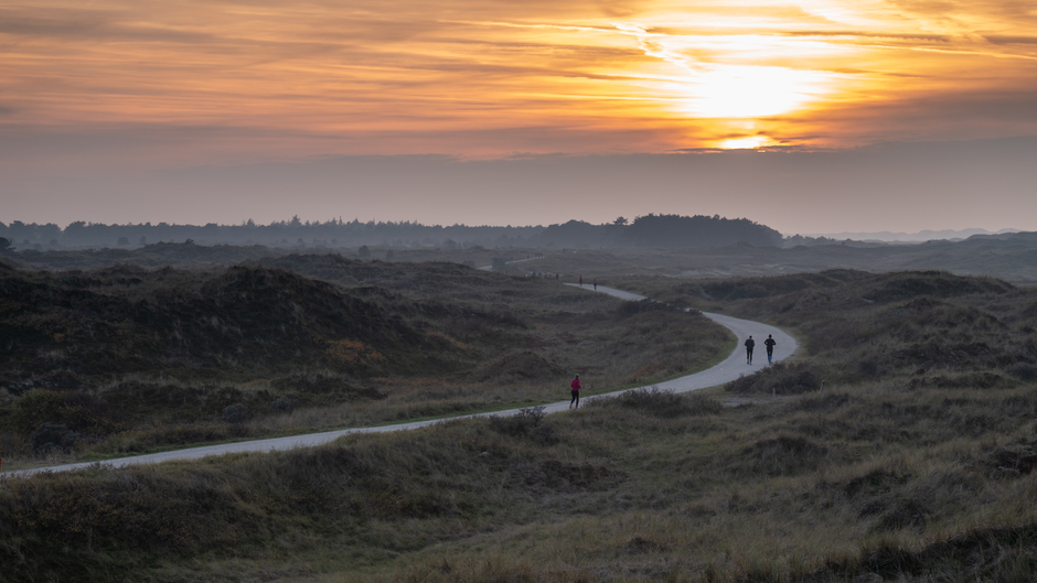 Zonsondergang vanavond tijdens de marathon, de laatste renners lopen via de duinen