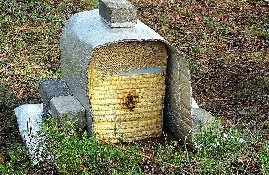 Bijenkorf afgedekt met een isolatiedeken.