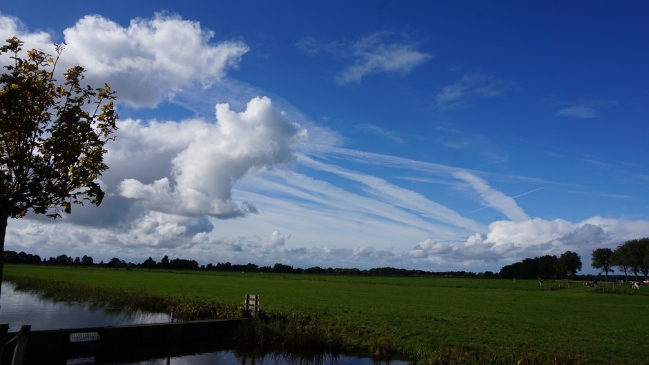 Buienwolken boven de polder met een zonnig blauwe lucht