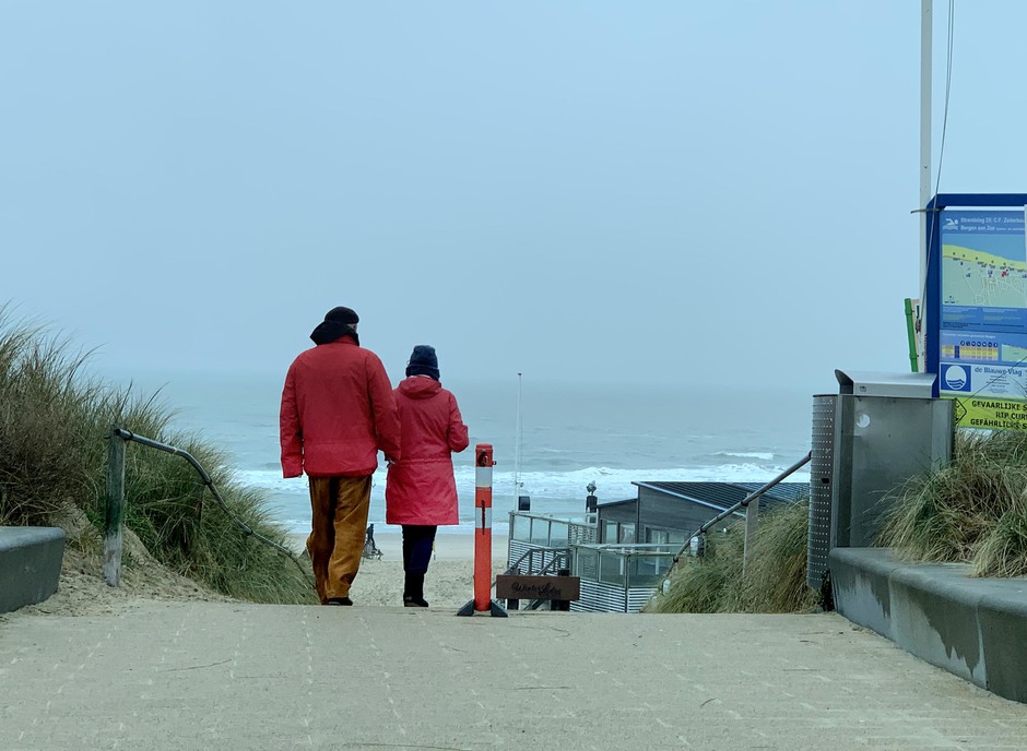 Rood duo het koude strand op bij Bergen aan Zee