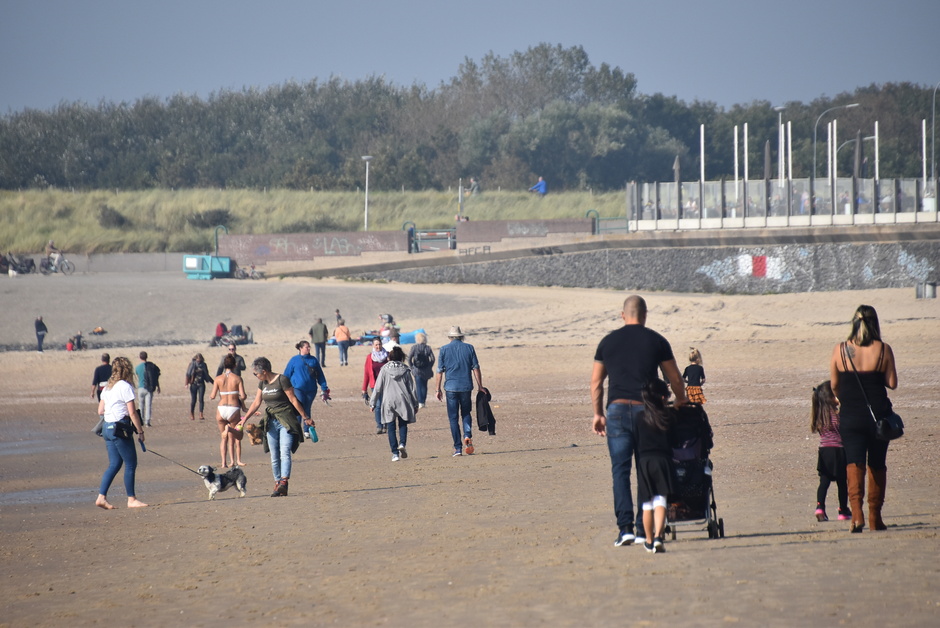 Mensen genieten van deze zonnige strandwandeling.