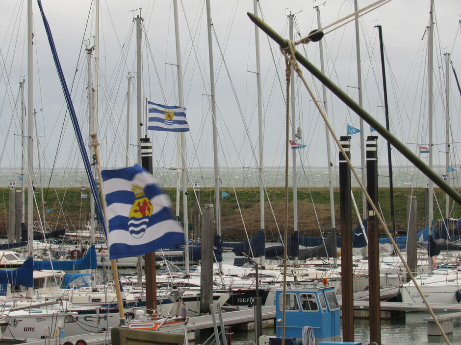 Een harde wind bij de Jachthaven bij Colijnsplaat, wapperende Zeeuwse vlaggen, klapperende masten en golven op de Oosterschelde op de achtergrond, het ging miezeren