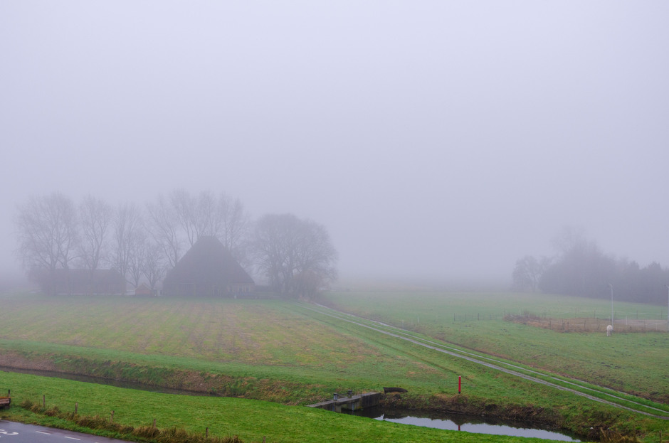 Uitzicht vanaf de dijk naar de polder: boerderij in de mist
