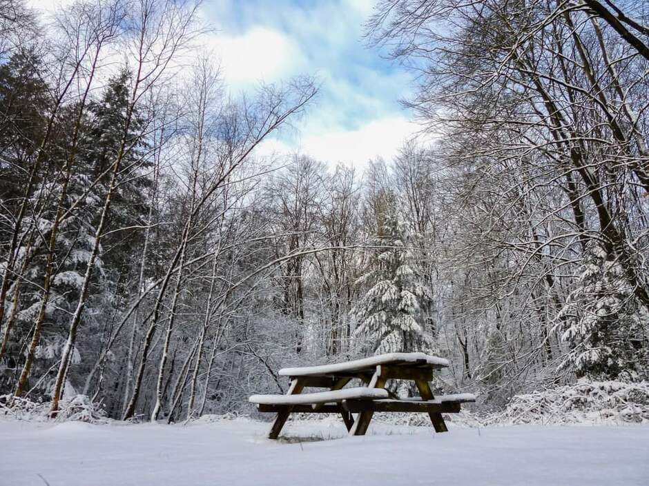 Picknicktafel met een tafelkleed van sneeuw 