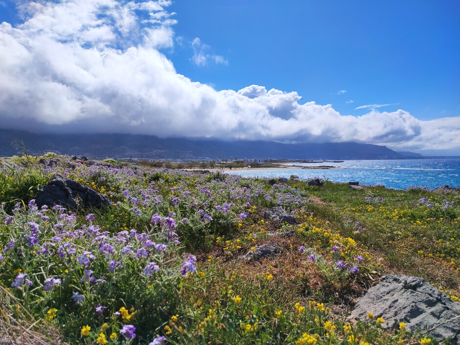 Wolken en zon op een groen en bloemrijk Kreta
