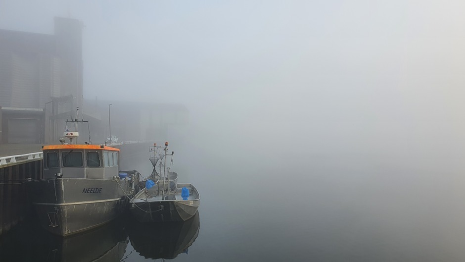 Vissersboot in de mist