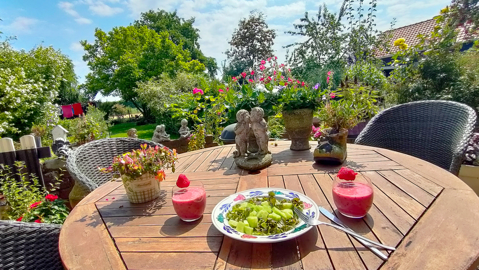 Heerlijk lunchen op terras in de tuin 