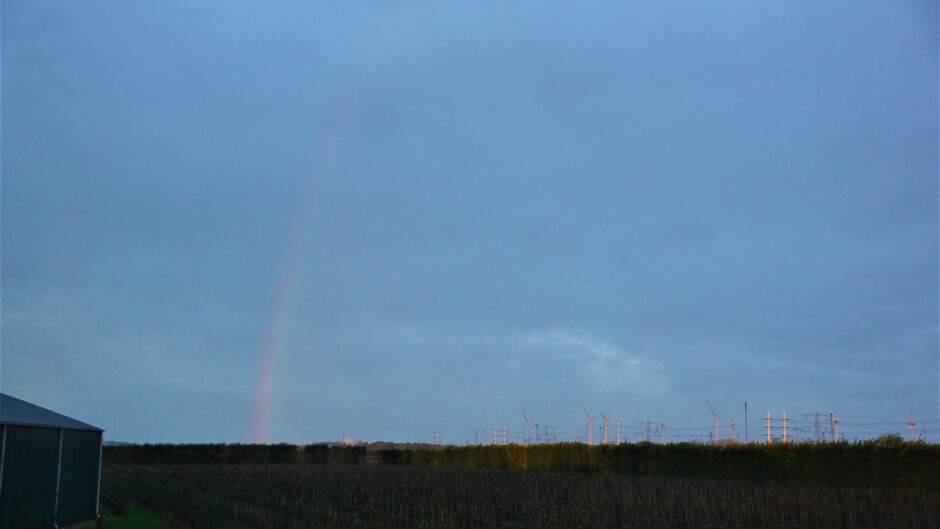 bewolkt regenachtig weer flets regenboogje 8 gr tijdens zonopkomst