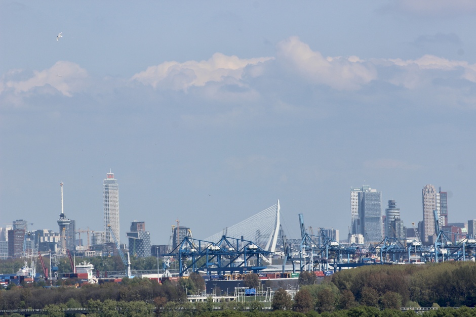 De skyline van Rotterdam Zuid in het zonnetje