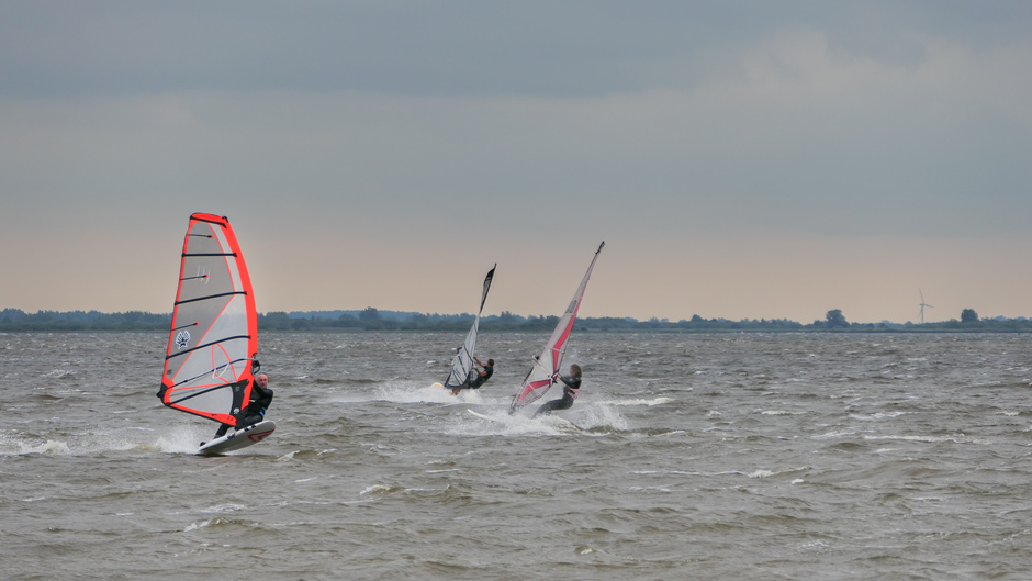 De windsurfers zijn blij met de wind 