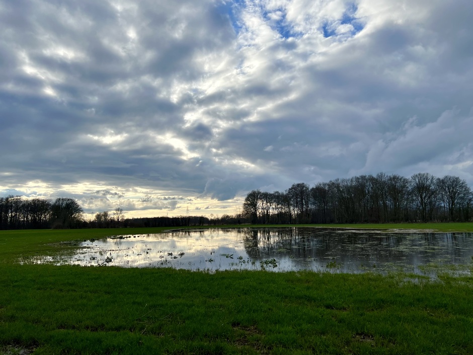 Prachtige wolkenpartijen weerspiegelt in water op het weiland 