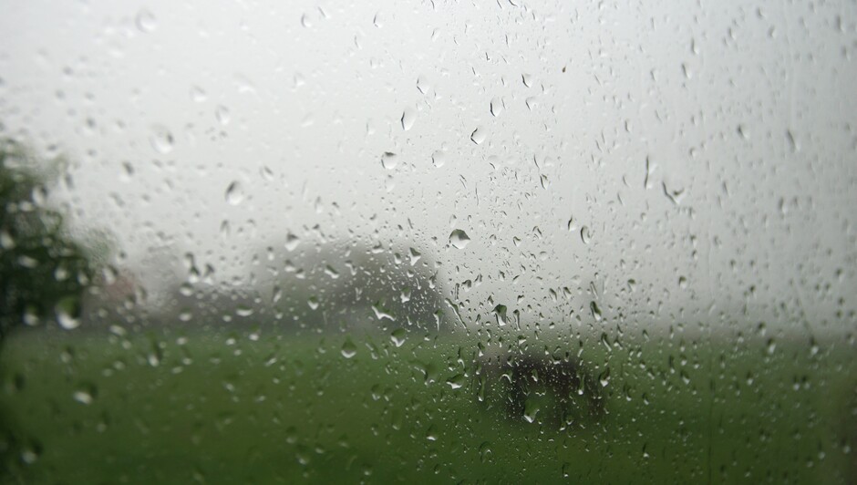 flinke regenbui 13.47 uur 8 mm regen 8 gr druppel op raam paarden in de wei